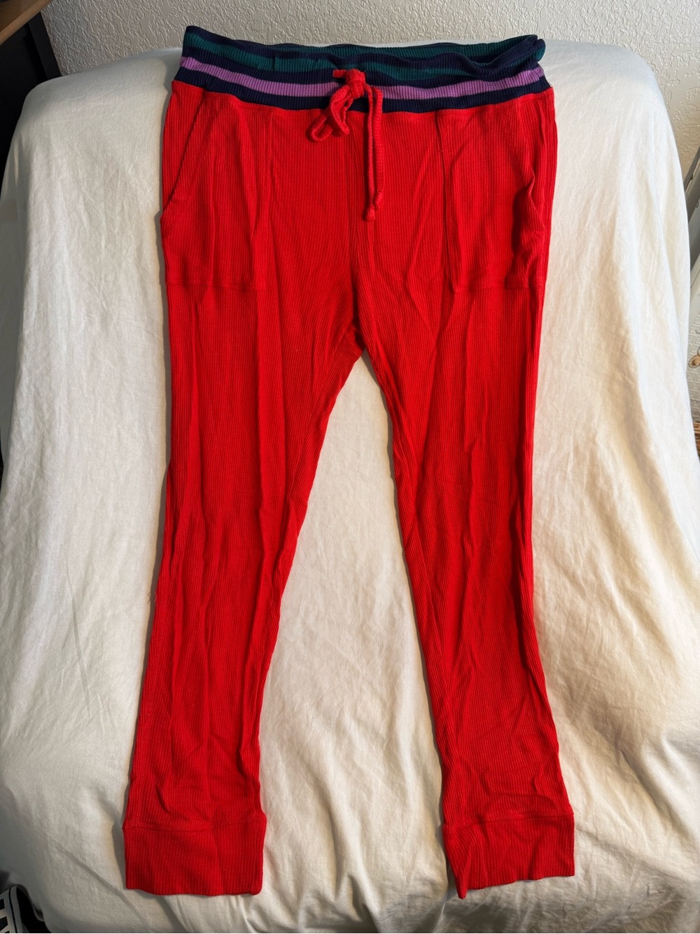 aerie Red Ribbed Lounge Pants with Multicolor Waistband
